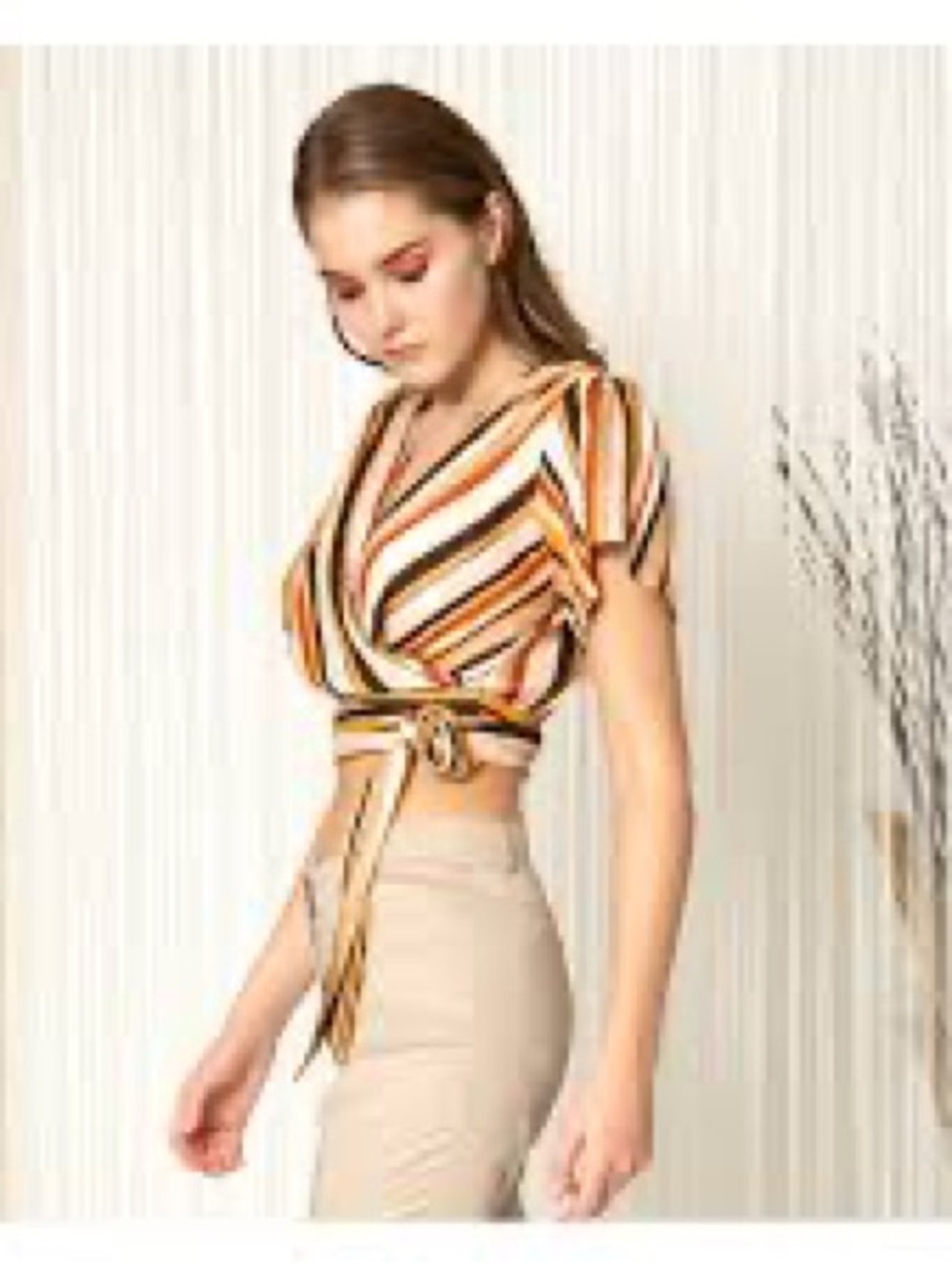 Love Tree Tie-Front Striped Crop Top in Mustard, Orange & White